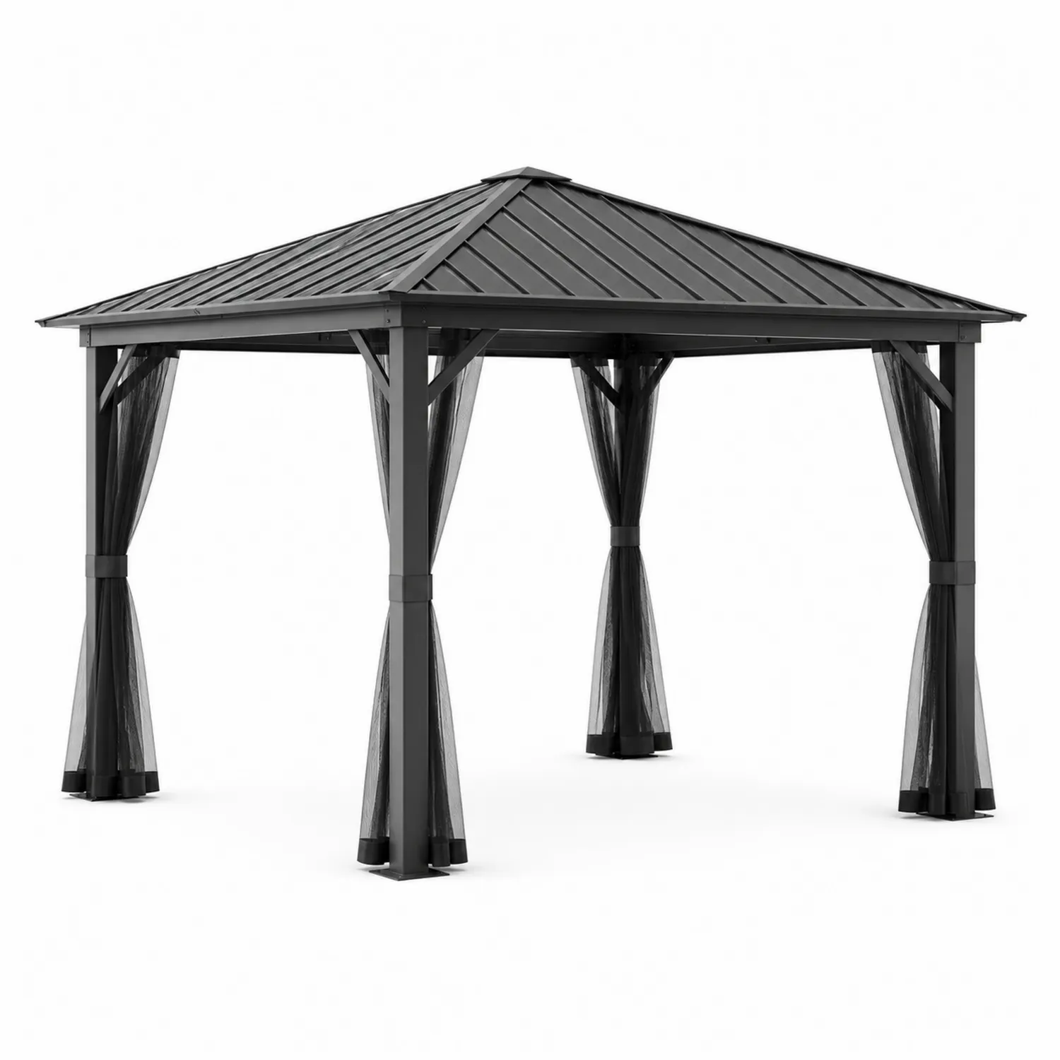 Gazebo da Esterno in Metallo con Tetto in Alluminio e Tende Grigie
