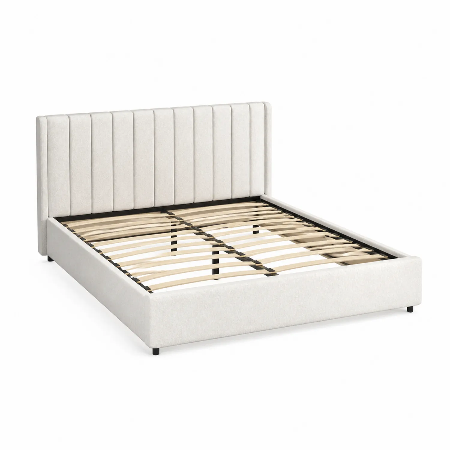 Letto matrimoniale in tessuto beige con testiera