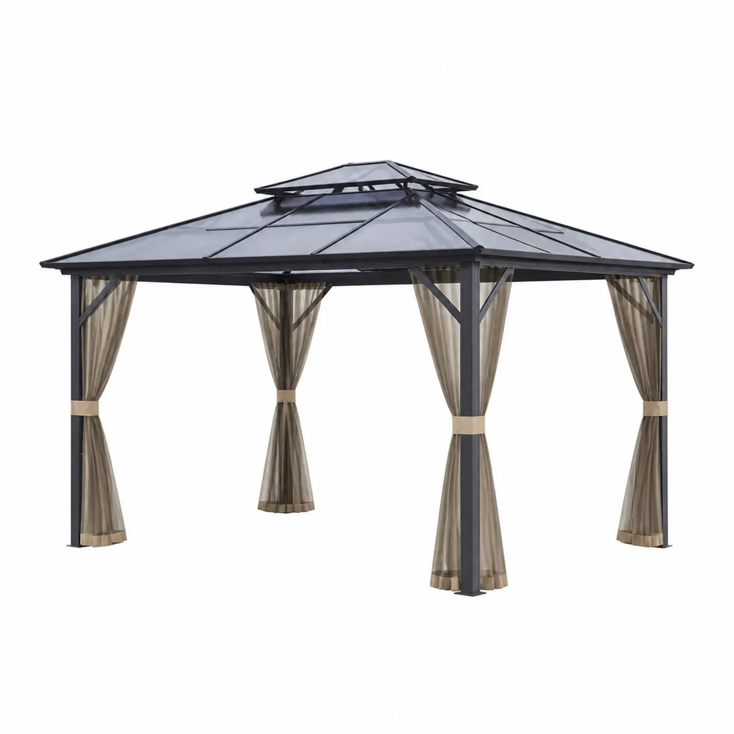 Gazebo in Metallo con Tenda e Tetto in Vetro Temperato Grigio Scuro