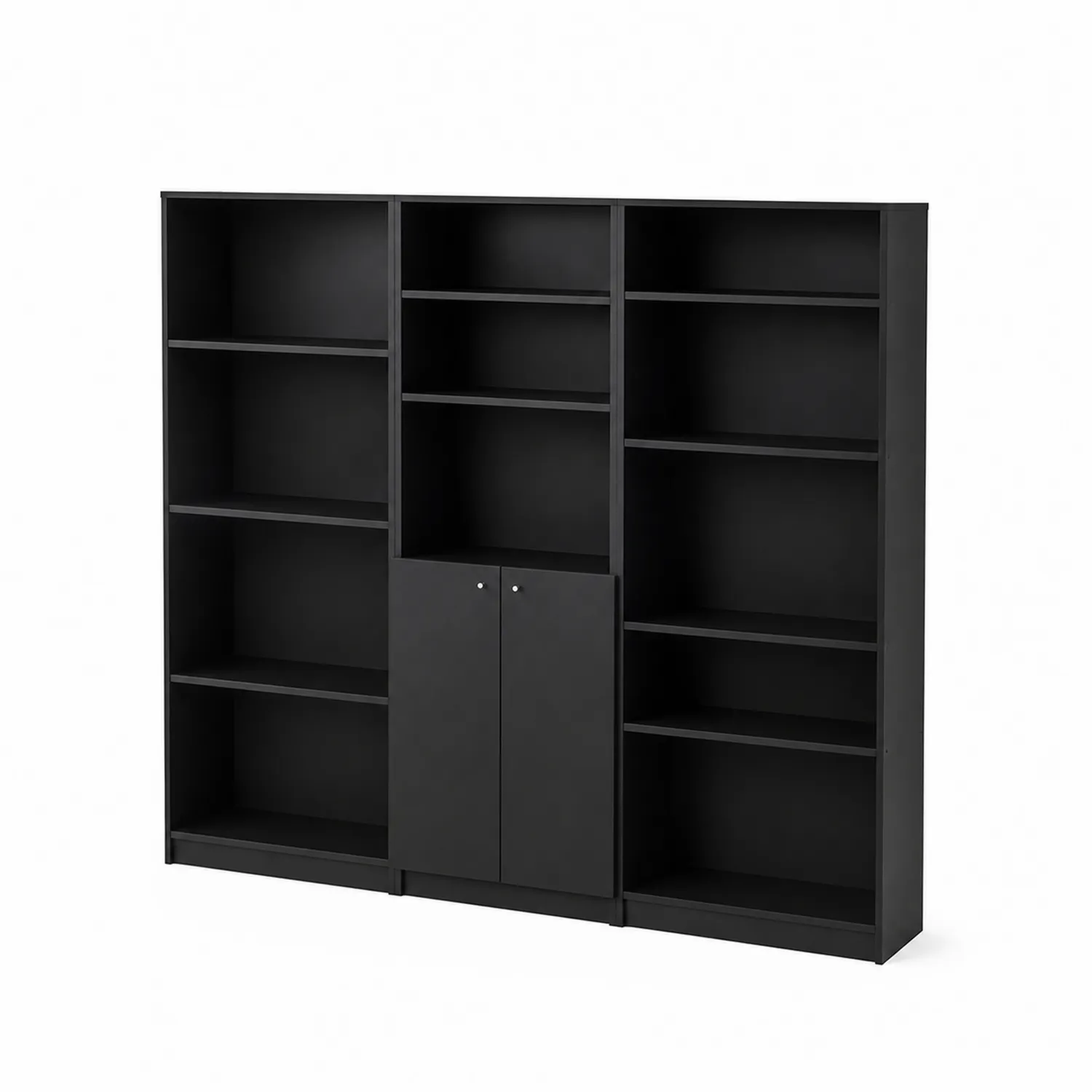 Scaffale per Libri a Tre Sezioni con Ante in Legno Nero 180x180x35 cm
