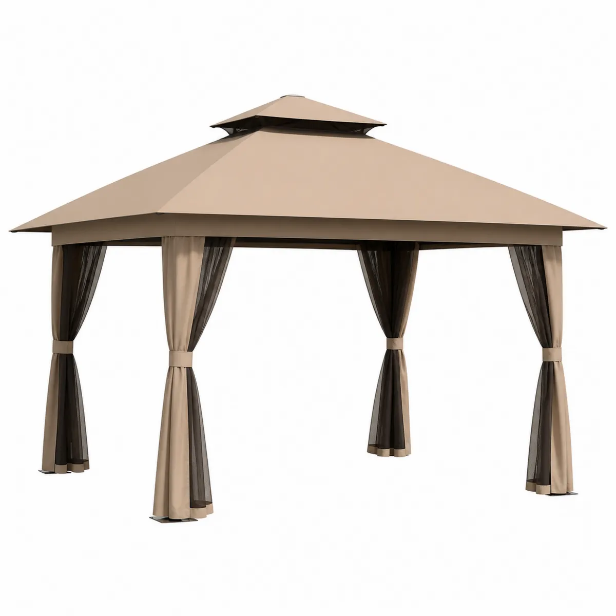 Rechteckiger Gartenpavillon 3x4m Stahl Polyester Dach Vorhänge Beige-biarayneo