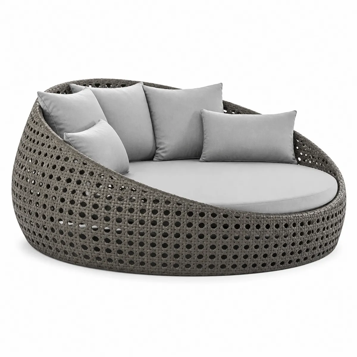 Rundes Gartenbett aus Polyrattan mit Kissen, Grau-biarayneo