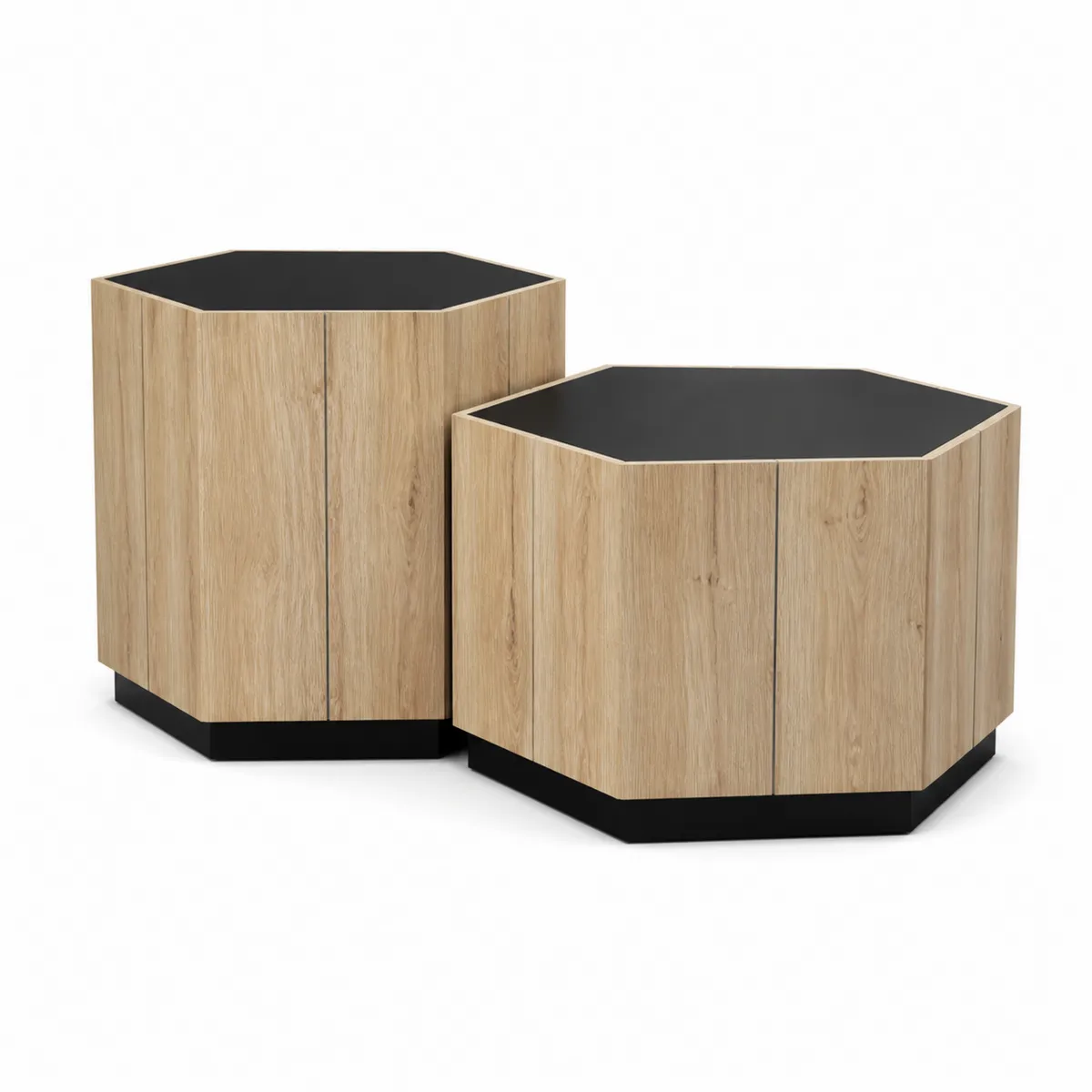 Sechseckiger Beistelltisch-Set aus Holz und Metall in Eicheoptik und Schwarz-biarayneo