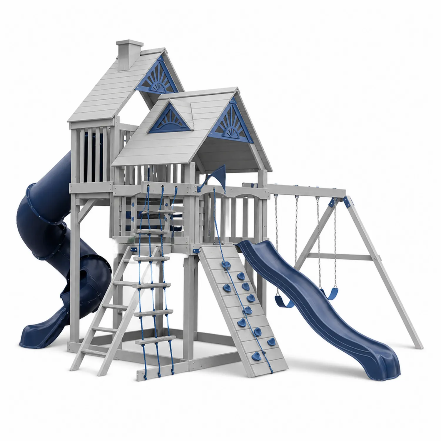 Struttura gioco in legno e plastica con altalene e scivolo a spirale Grigio/Blu