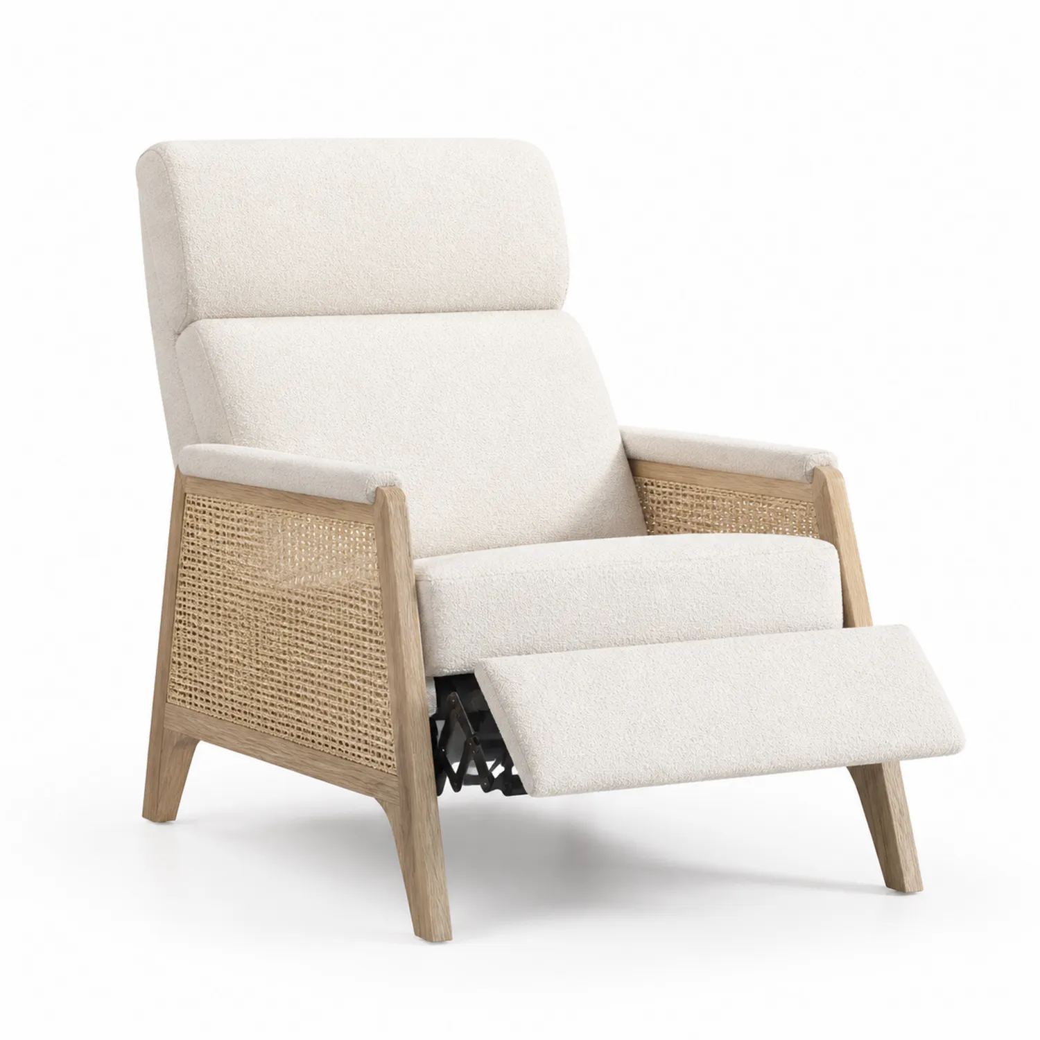 Poltrona reclinabile in legno con rattan e tessuto bouclé beige