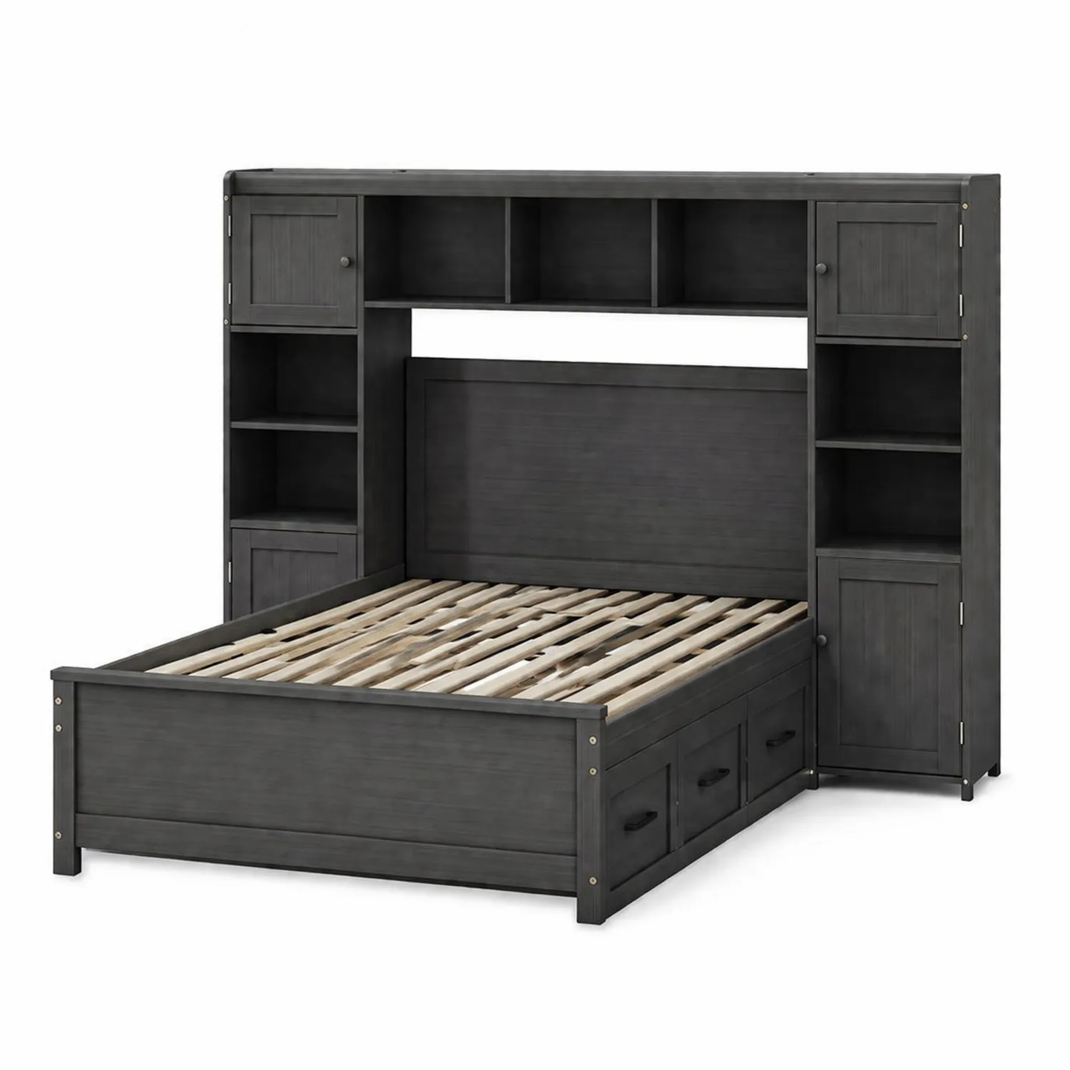 Letto matrimoniale con libreria e cassetti in legno nero