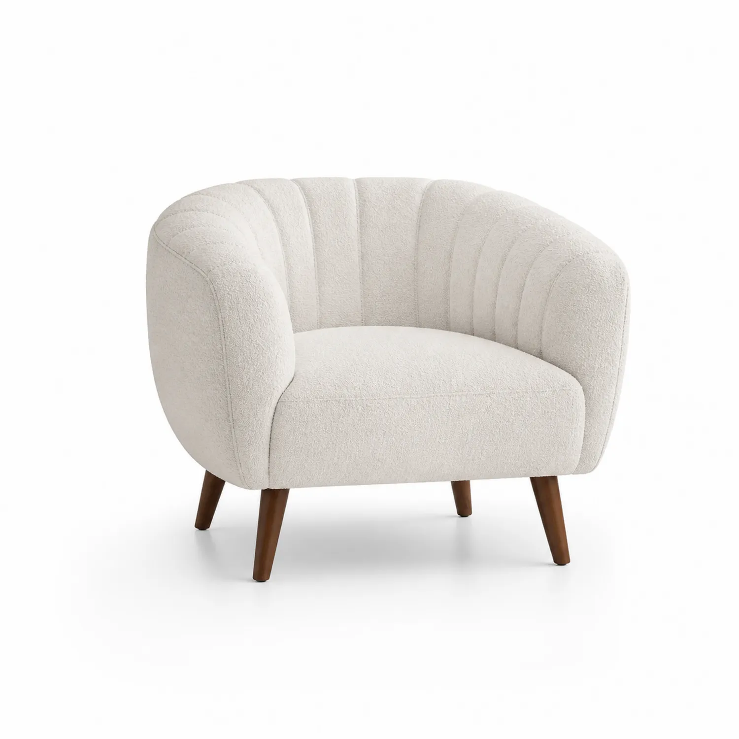 Poltrona in tessuto bouclé con gambe in legno