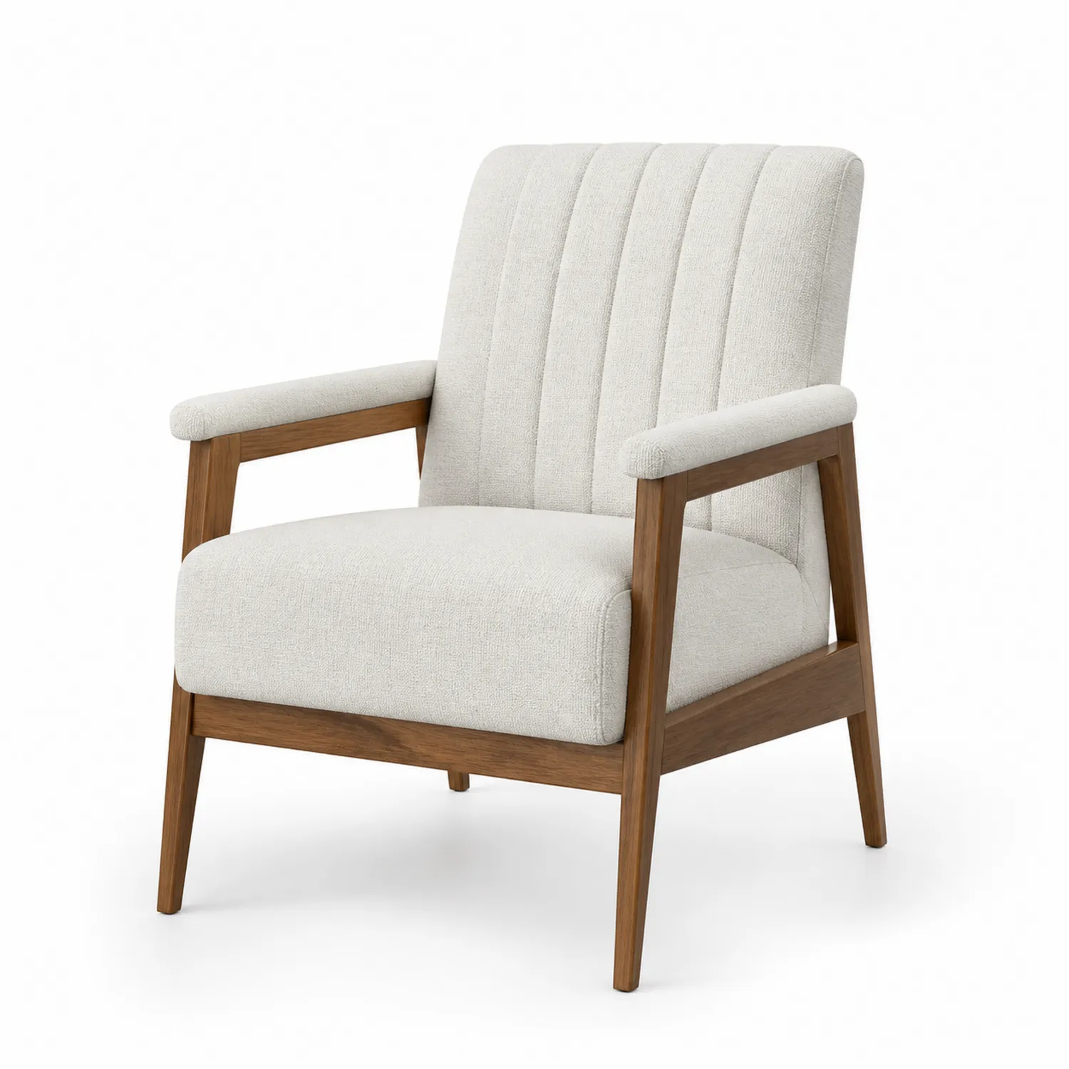 Poltrona in tessuto beige con struttura in legno