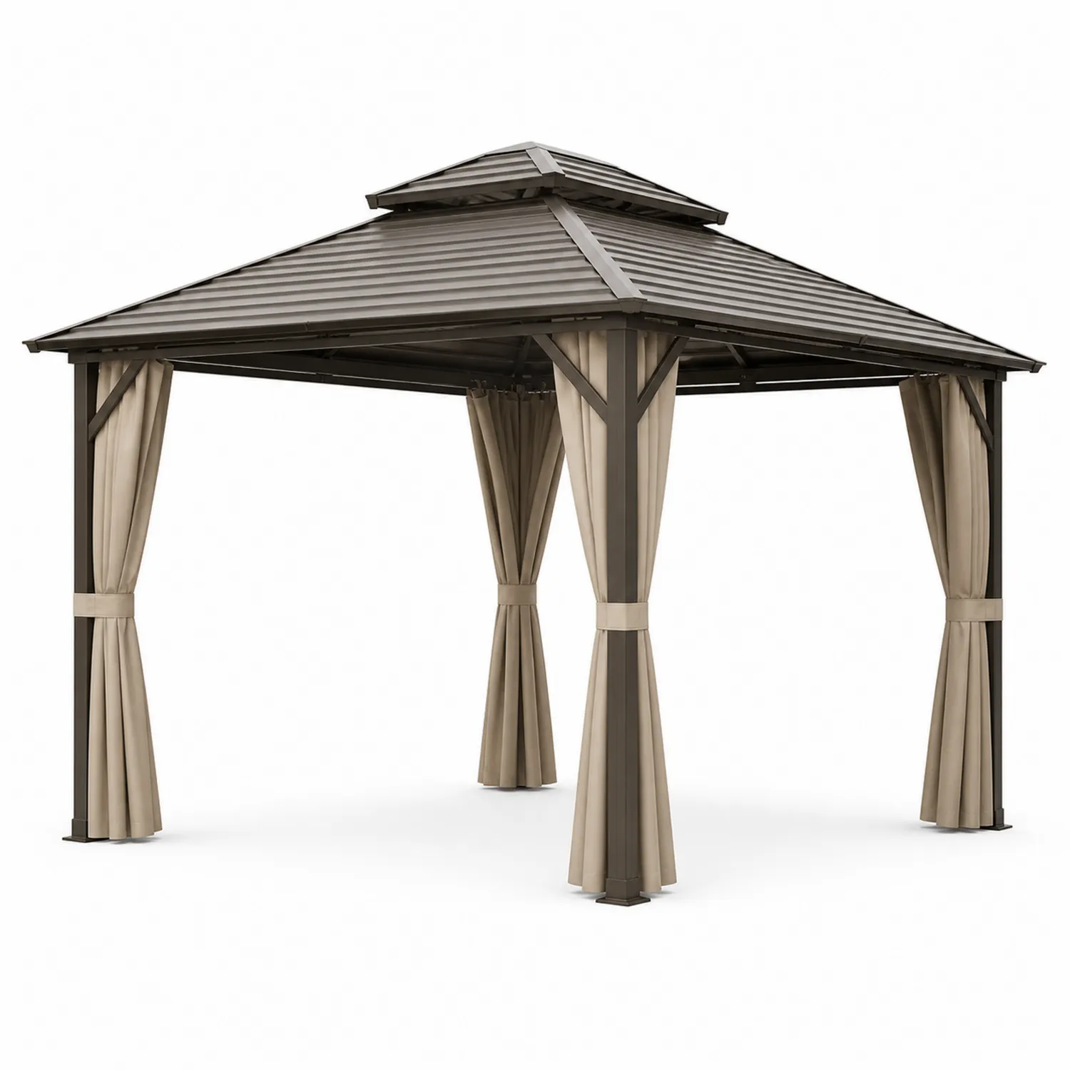 Gazebo Metallo 3x3m con Tetto in Acciaio e Tende in Poliestere Beige