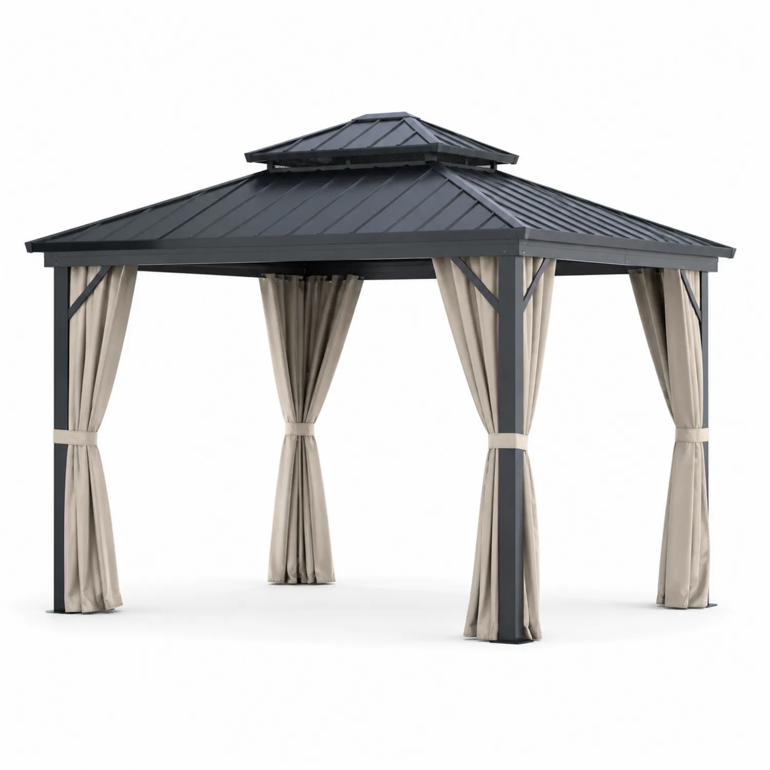 Gazebo in Metallo Nero con Tende Beige