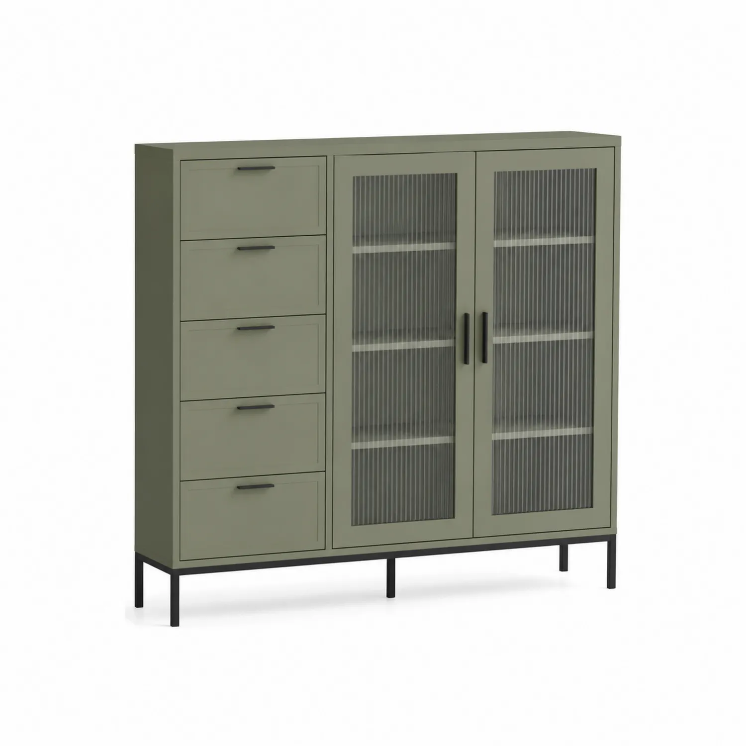 Credenza in Metallo Verde con Cassetti e Ante in Vetro a Coste
