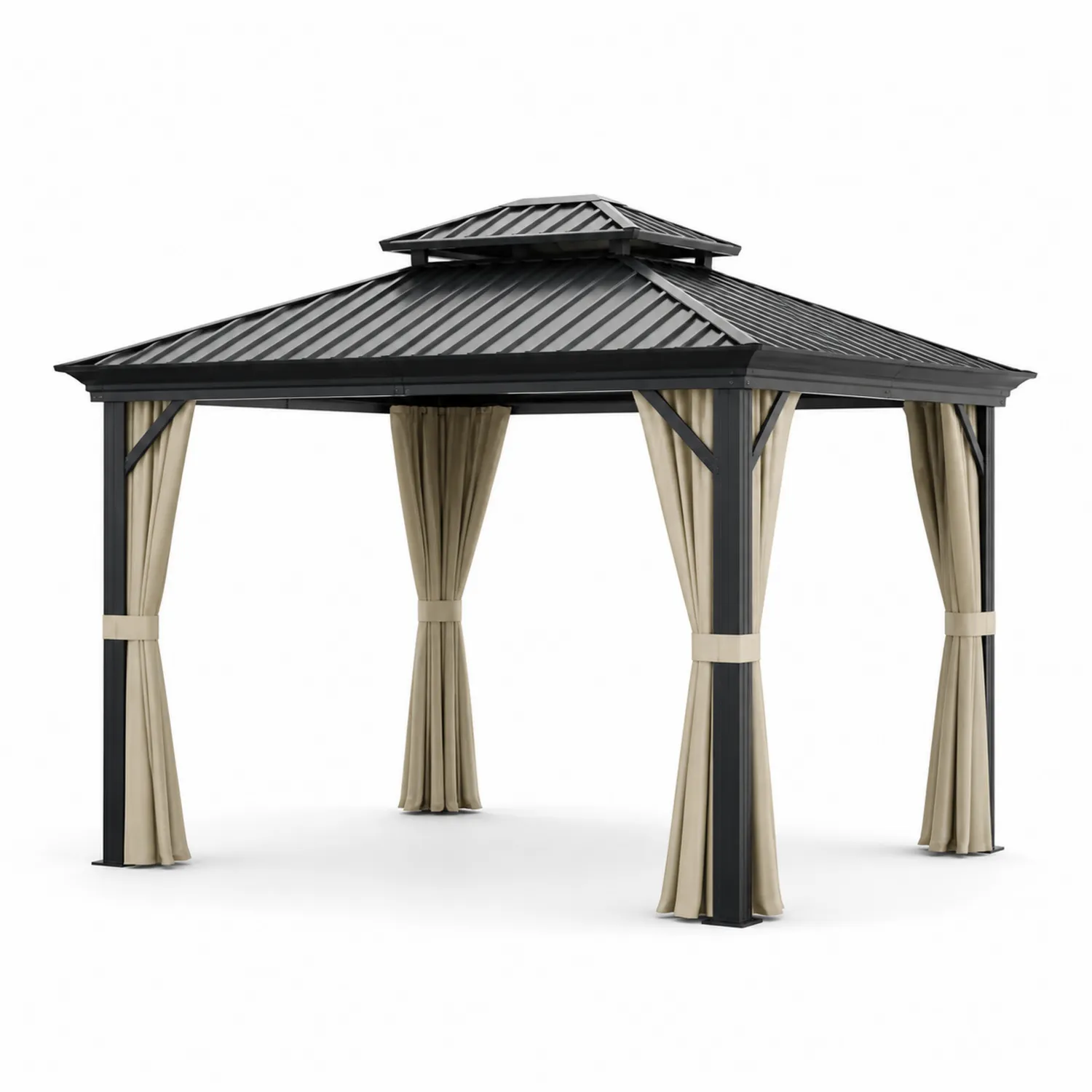 Gazebo in Alluminio con Tetto in Metallo Nero e Tende Beige