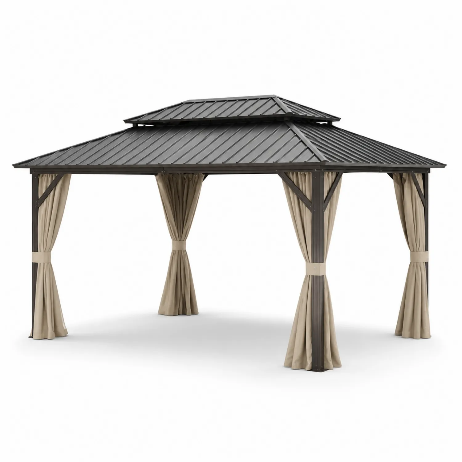 Gazebo da Giardino con Tettoia in Metallo e Tende in Tessuto 400x300 cm Grigio/Beige