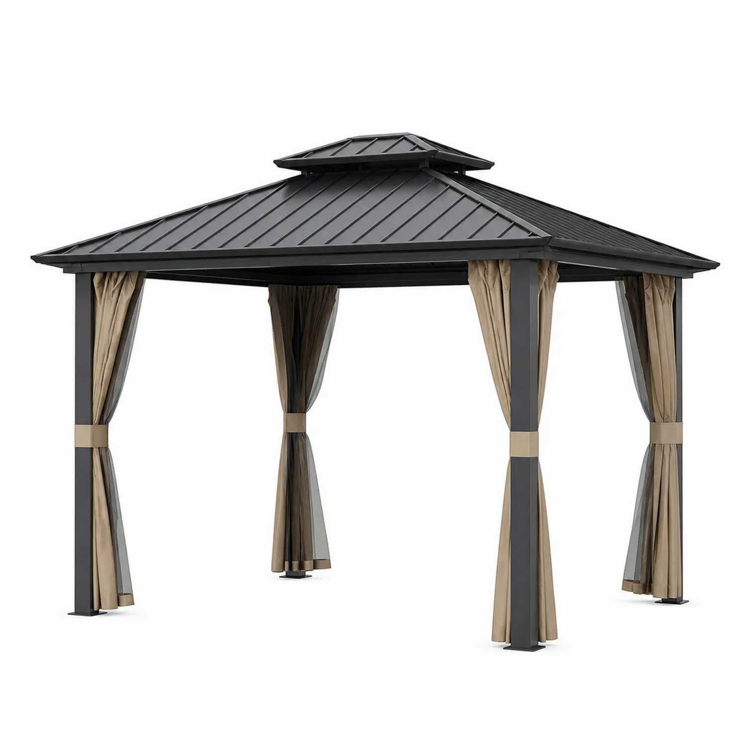 Gazebo in Alluminio e Acciaio con Tende in Poliestere Nero/Beige