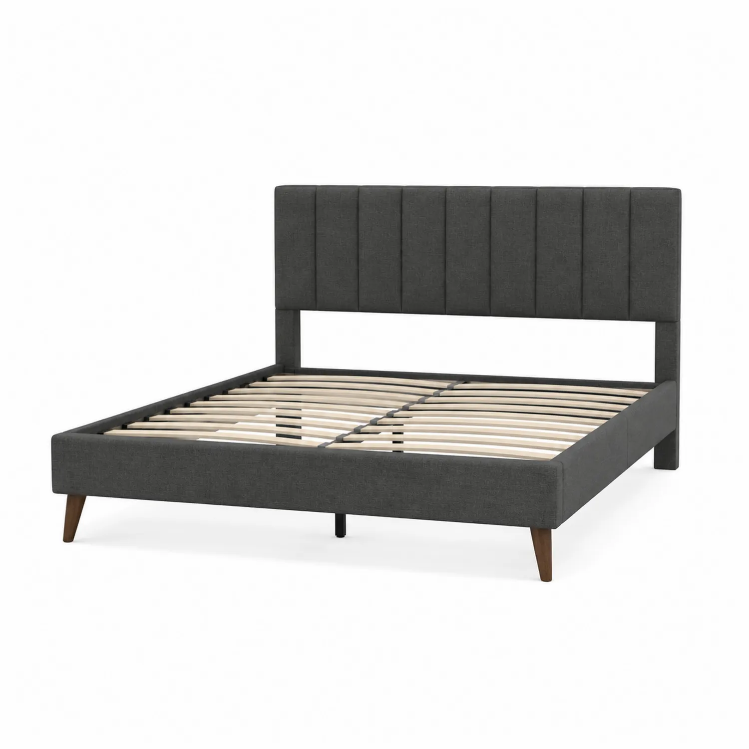 Letto matrimoniale in tessuto grigio con doghe in legno
