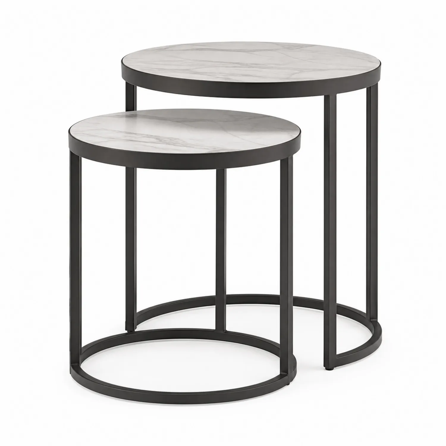 Set Tavolini Rotondi in Marmo e Metallo Nero