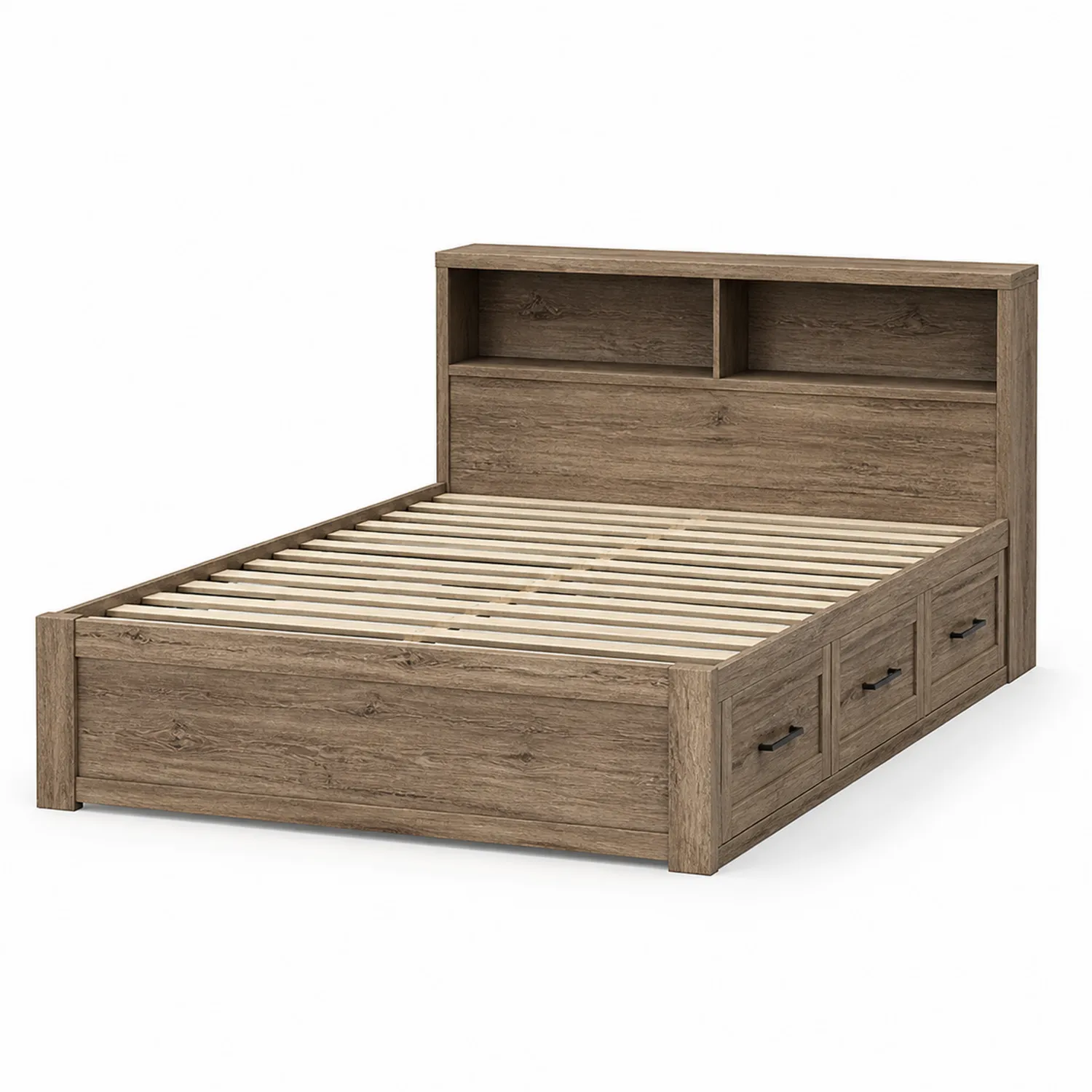 Letto matrimoniale in legno di quercia con contenitore e testiera libreria