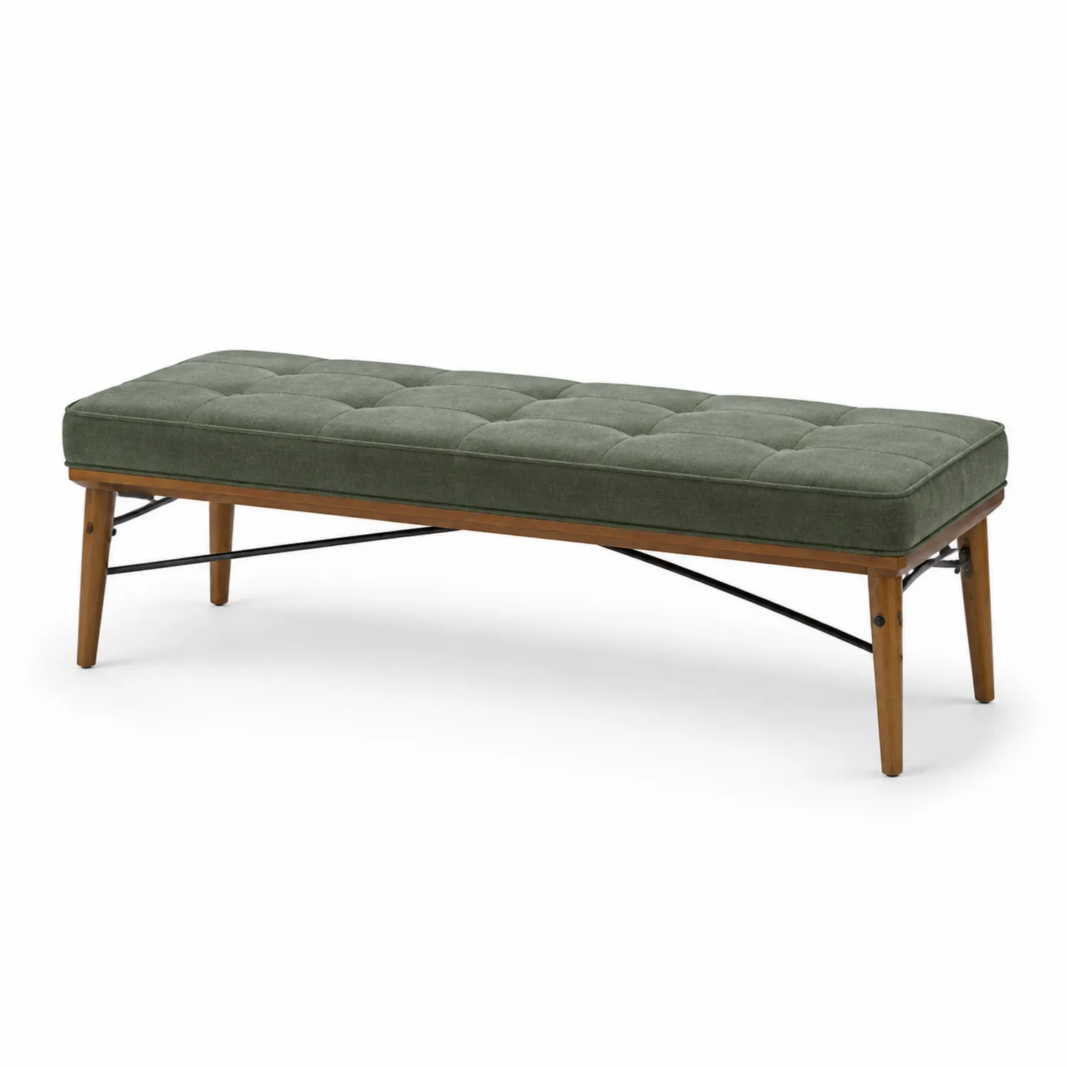 Panca imbottita verde in lino 120x40x45 cm legno e metallo