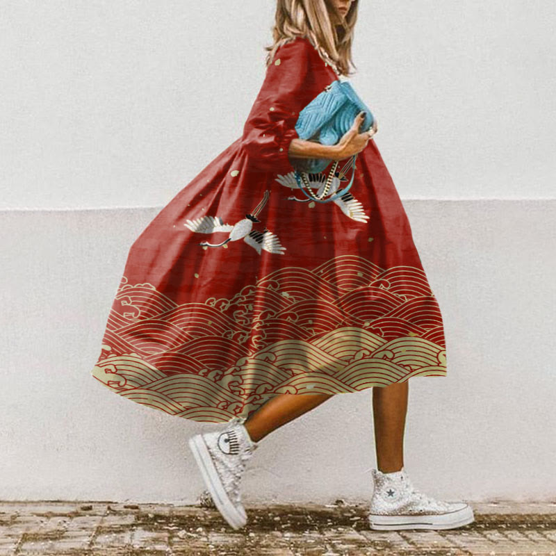 Japanese Art Waves Print Dress - Red - 5XL - image 1