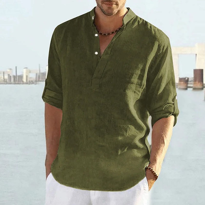 Men's Casual Cotton Linen Solid Color Henley Neck Long Sleeve Shirt - Army Green - 5XL - image 2