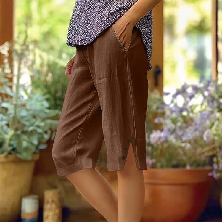 Elegant Solid Cozy Button-notch Hem Casual Pocket Capri Mid Pants  - Brown - 5XL - image 10