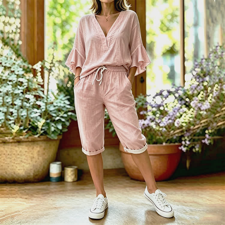 Elegant Solid Texture V-neck Half Sleeve Blouse & Pocket Mid Short Set - Pink - 4XL - image 3