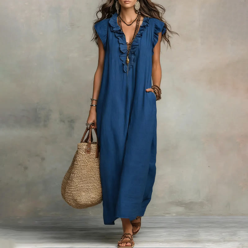 Women's Solid V-neck Sleeveless Ruffled Maxi Dress - Blue - 2XL - image 6