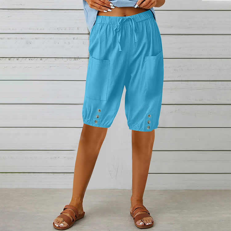 Elegant Solid Cozy Button-tab Hem Casual Pocket Capri Mid Pants  - Sky Blue - 3XL - image 8