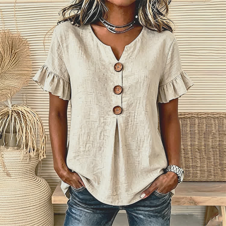 Solid Button Short Ruffle Sleeves V-neck Blouse - image 16