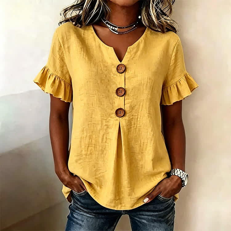 Solid Button Short Ruffle Sleeves V-neck Blouse - Yellow - US32-34(5XL) - image 11