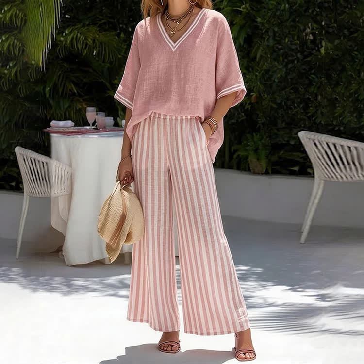 Elegant Stripe Print V-neck Half-sleeve Blouse & Wide-legs Pants Set - Pink - 3XL - image 5
