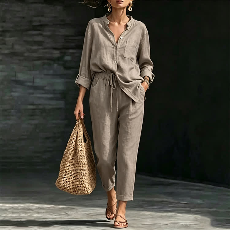 Solid Casual Texture Stand Collar Long-sleeve Shirt & Large Pocket Pants Set - Dark Grey - 5XL - image 4