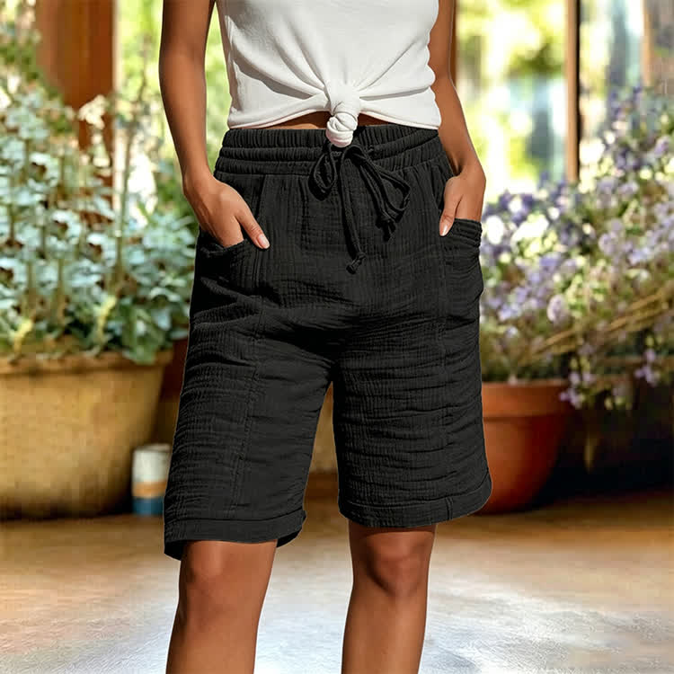 Elegant Solid Cozy Texture Casual Pocket Capri Mid Pants  - Black - 2XL - image 8
