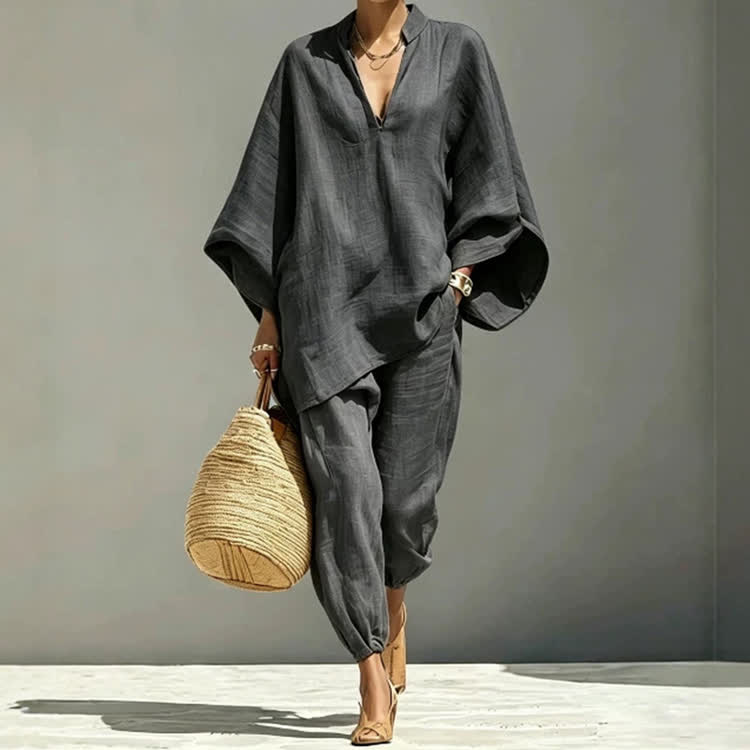 Elegant Solid V-neck Long-sleeve Loose Blouse & Bloomers Pants - Dark Grey - 3XL - image 8