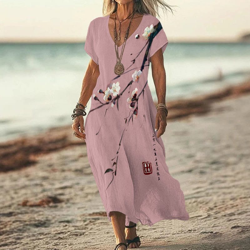 Vintage Plum Blossom Art Print V-neck Dress - Pink - 6XL - image 5
