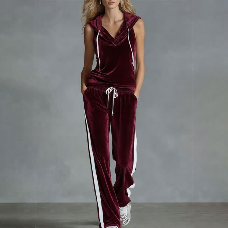 Solid Velvet Striped Paneling Drawstring Hood Sleeveless Top & Pants - Wine - 2XL - image 5