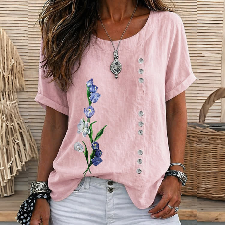 Casual Tulip Art Print Short Sleeve Blouse - Pink - 5XL - image 5