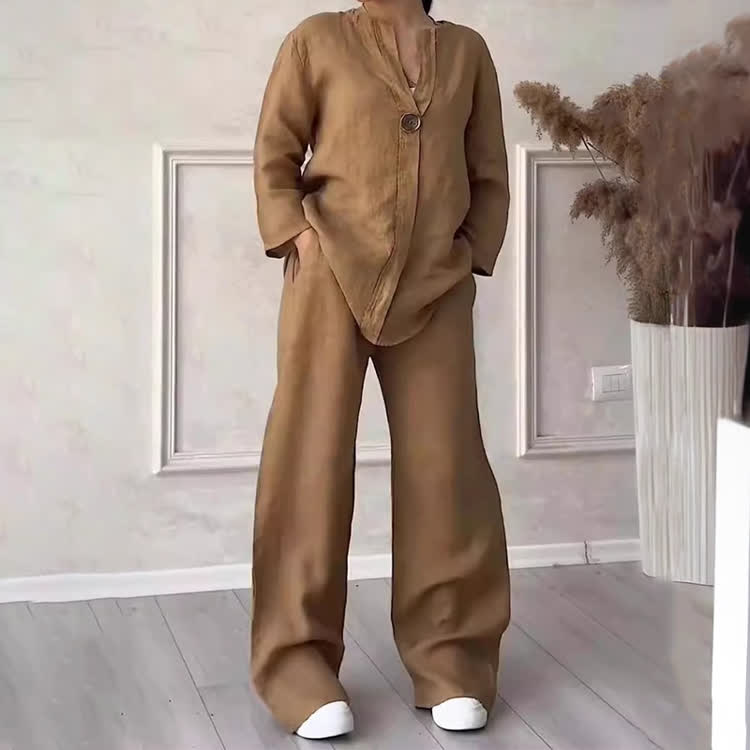Solid Cozy Notched Collar Long-sleeve Blouse & Wide-leg Pants Set - Brown - 5XL - image 9