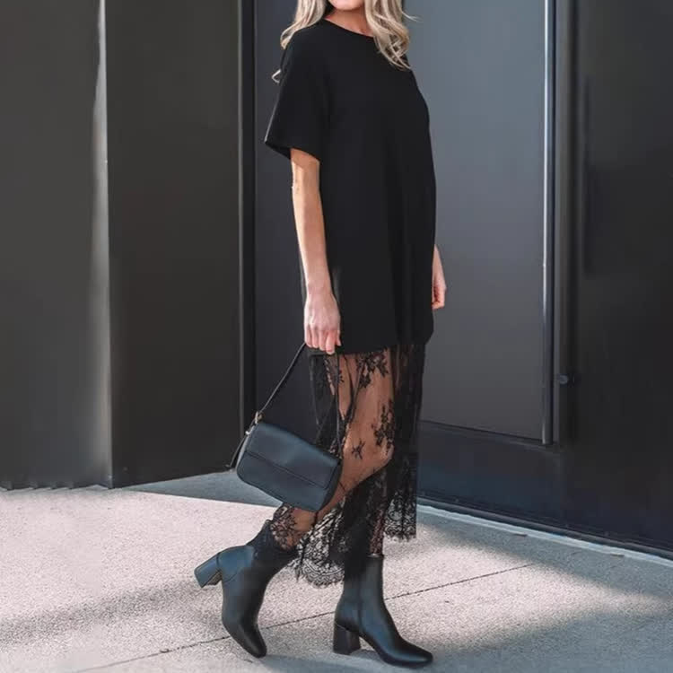 Solid Color Lace Spliced T-shirt Dress - Black - US20-22(3XL) - image 3
