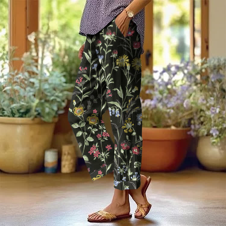 Pastoral Watercolor Flowers And Plants Pattern Print Casual Pocket Pants  - Black - US 20 (5XL) - image 6