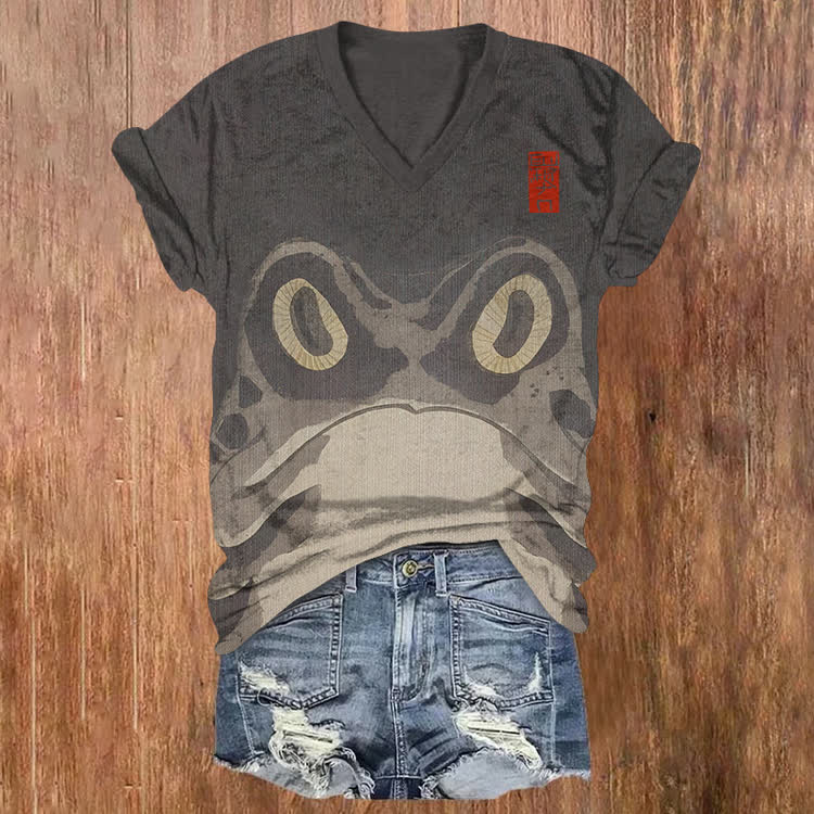 Japanese Angry Frog Pattern Print Short Sleeved V-Neck T-Shirt - Dark Grey - US32-34(5XL) - image 3
