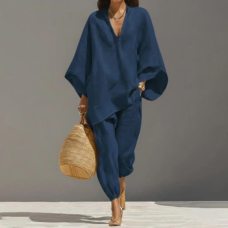 Elegant Solid V-neck Long-sleeve Loose Blouse & Bloomers Pants - Navy Blue - 3XL - image 10