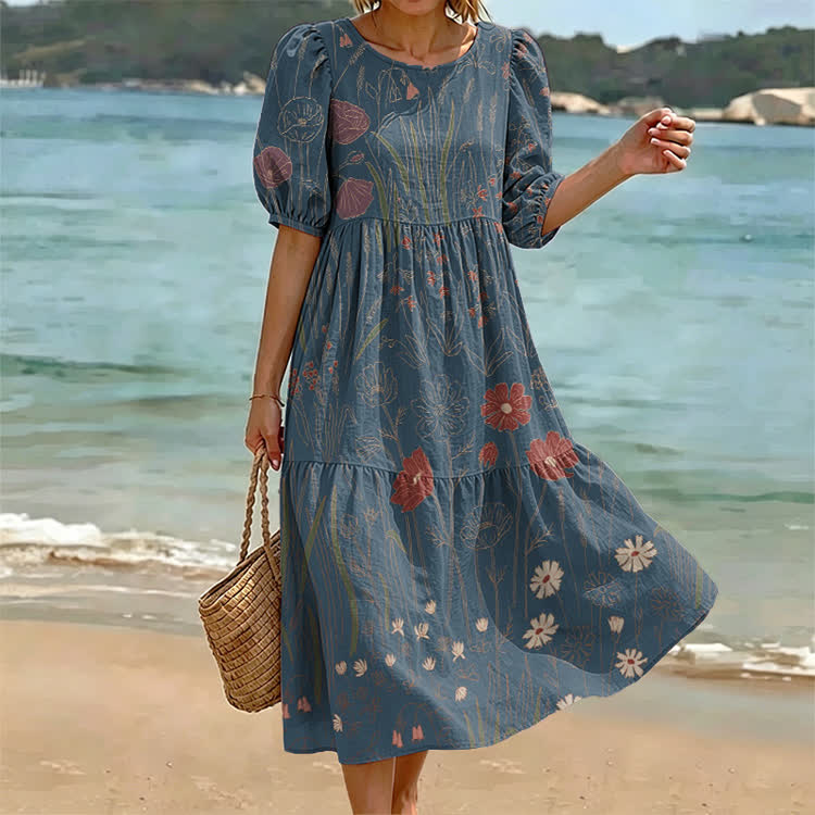 Botanical Art Pattern Print Casual Loose Dress - Blue - US 24 (5XL) - image 3