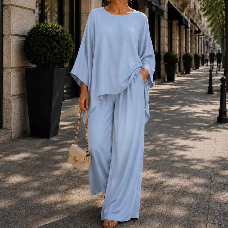 Solid Casual Texture 3/4 Batwing Sleeve Shirt & Wide-leg Pants Set - image 5