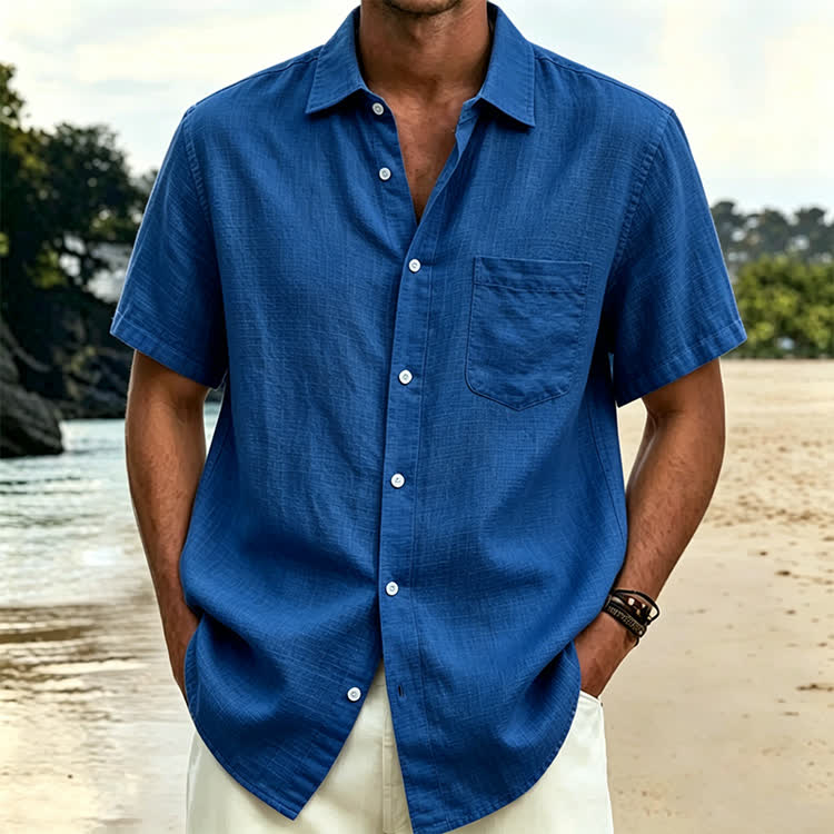 Cozy Solid Texture Button-up Short Sleeve With Pocket Lapel Shirt - Royal Blue - 5XL - image 8