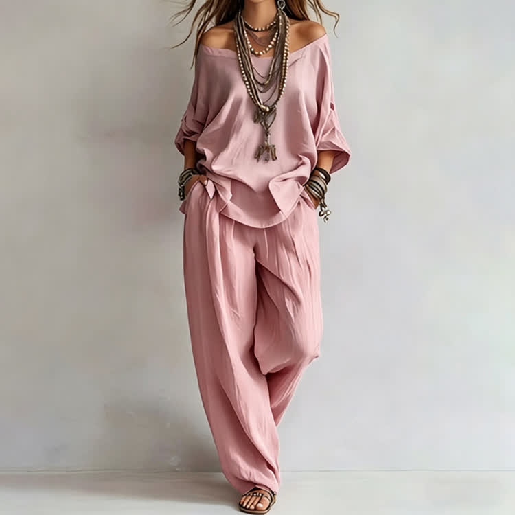Simple Solid Cozy Wide Collar 3/4-sleeve Top & Pants Set - Pink - 3XL - image 5