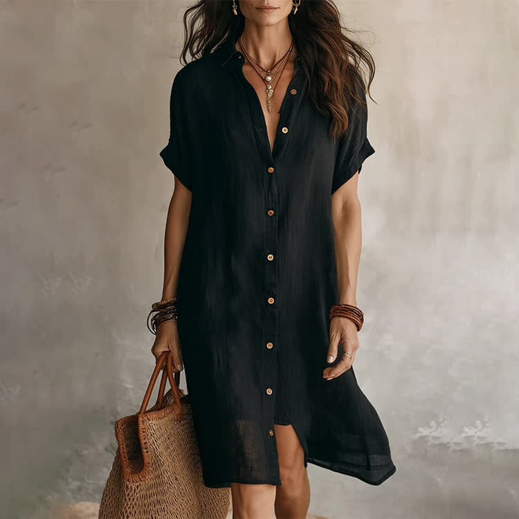 Solid Texture Lapel Short-sleevebutton-front Shirt Midi Dress - Black - 2XL - image 10