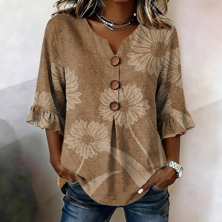 Daisy Stamp Texture Pattern Print Button V-Neck Blouse With Ruffle Sleeves - Khaki - US32-34(5XL) - image 3