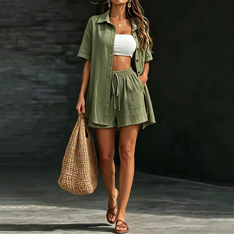 Solid Casual Texture Short-sleeve Shirt & Large Pocket Shorts Set - Army Green - 2XL - image 9