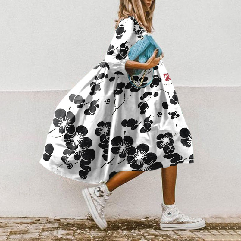 Cherry Blossom Japanese Lino Art Vintage Print Dress - White - 5XL - image 1